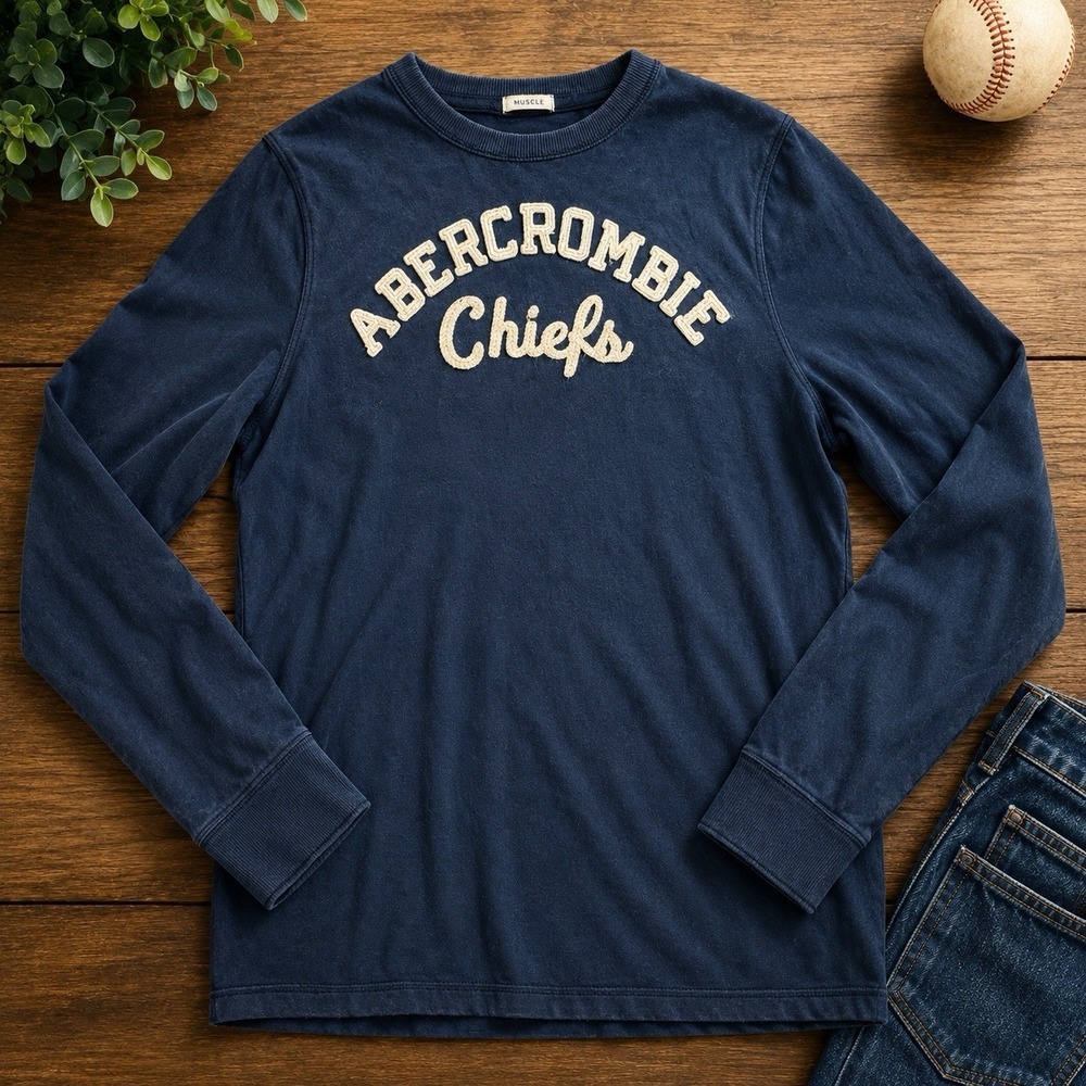 Abercrombie & Fitch Chiefs Long Sleeve Shirt Men's XXL Navy Blue Muscle Fit Y2K